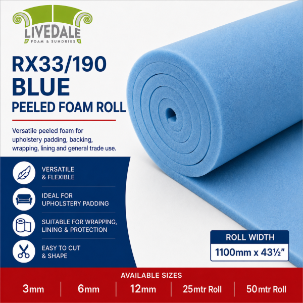 RX33/190 blue peeled foam roll 1100mm wide for upholstery padding, backing, wrapping, lining and protection