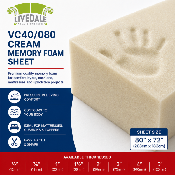 VC40/080 cream memory foam sheet with hand print, ideal for cushions, mattresses, toppers and upholstery comfort layers