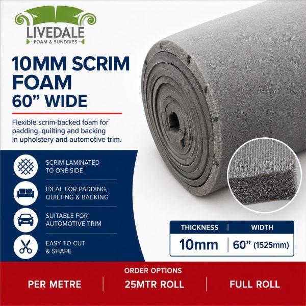 10mm scrim foam 60 inch wide for automotive upholstery and deep quilting