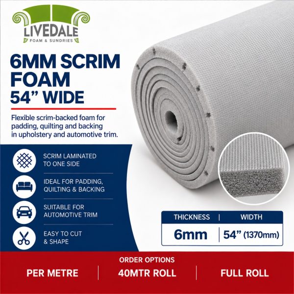 6mm scrim foam 54 inch wide for automotive upholstery and quilting