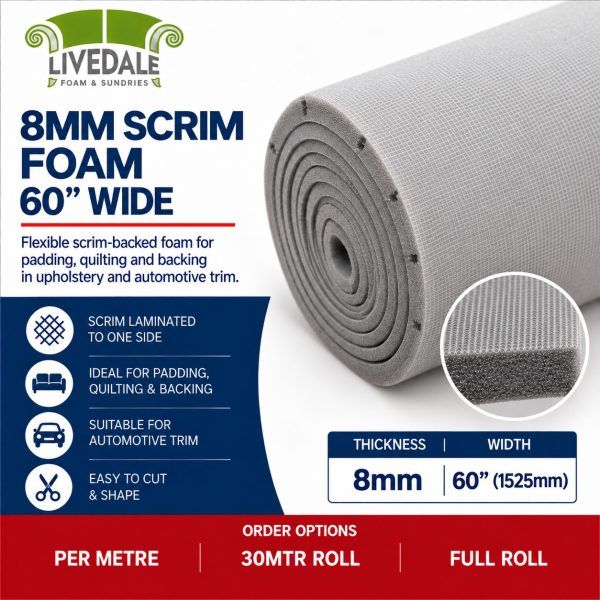 8mm scrim foam 60 inch wide for automotive upholstery and quilting