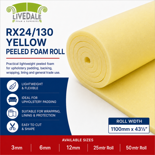 RX24/130 yellow peeled foam roll 1100mm wide for upholstery padding, wrapping, lining and packaging protection