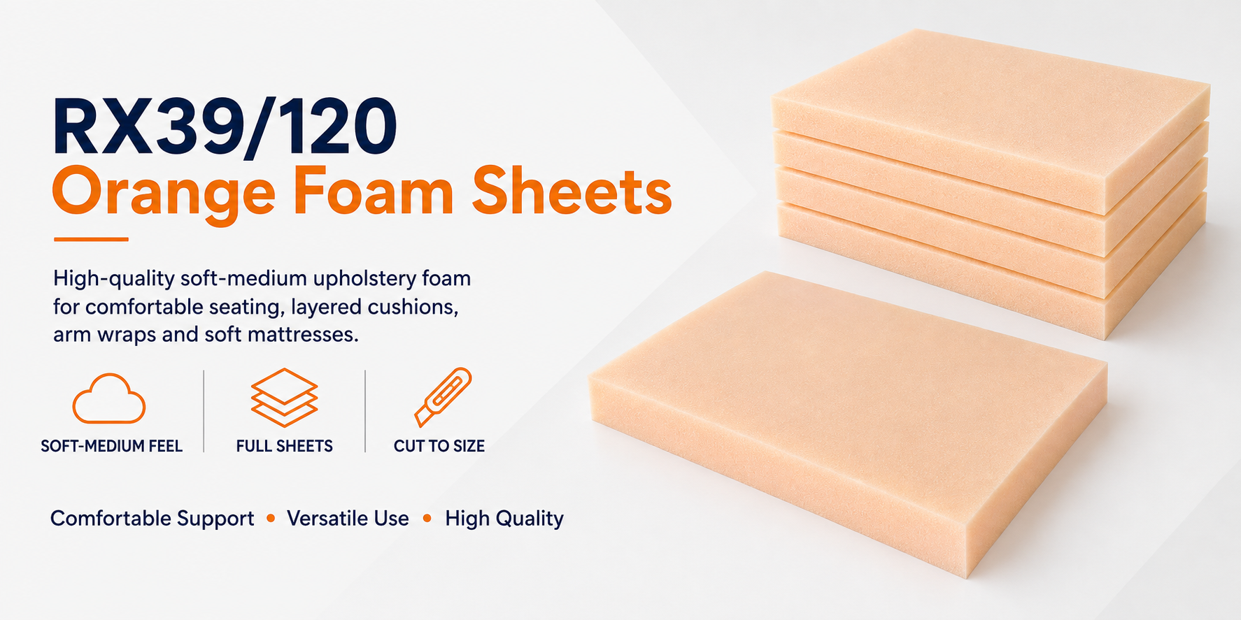 RX39/120 orange soft-medium upholstery foam sheets for comfortable seating and layered cushions