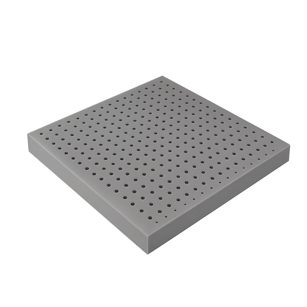 Grey natural latex foam sheet with evenly spaced pinholes on top surface, square cut with clean edges and transparent background