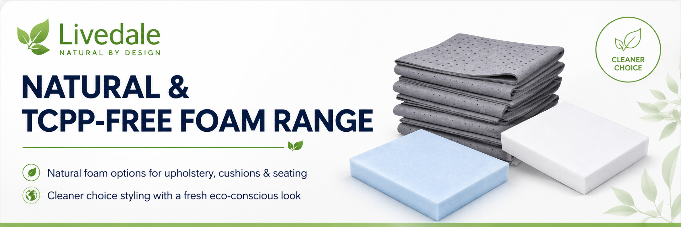 Natural and TCPP-free foam range banner showing blue foam, white foam and grey scrim foam with eco-style leaf design