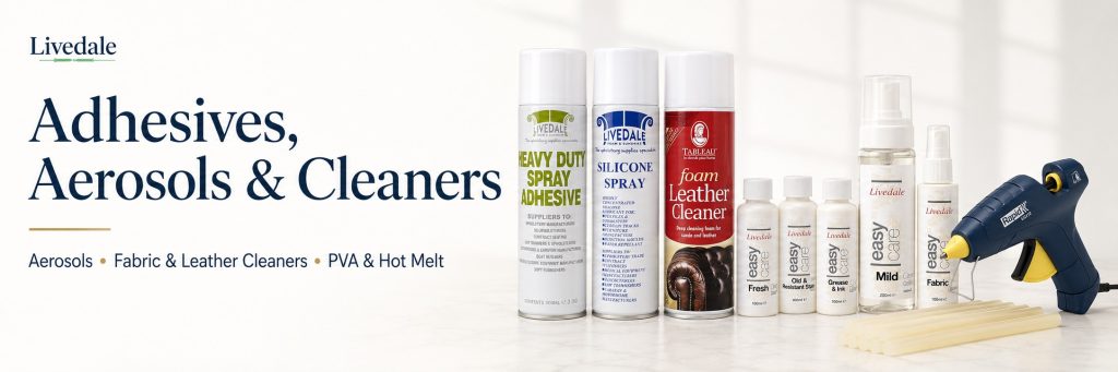 Adhesives, aerosols and cleaners for upholstery workrooms, including spray adhesive, silicone spray, leather cleaner, fabric care products, hot melt glue gun and glue sticks