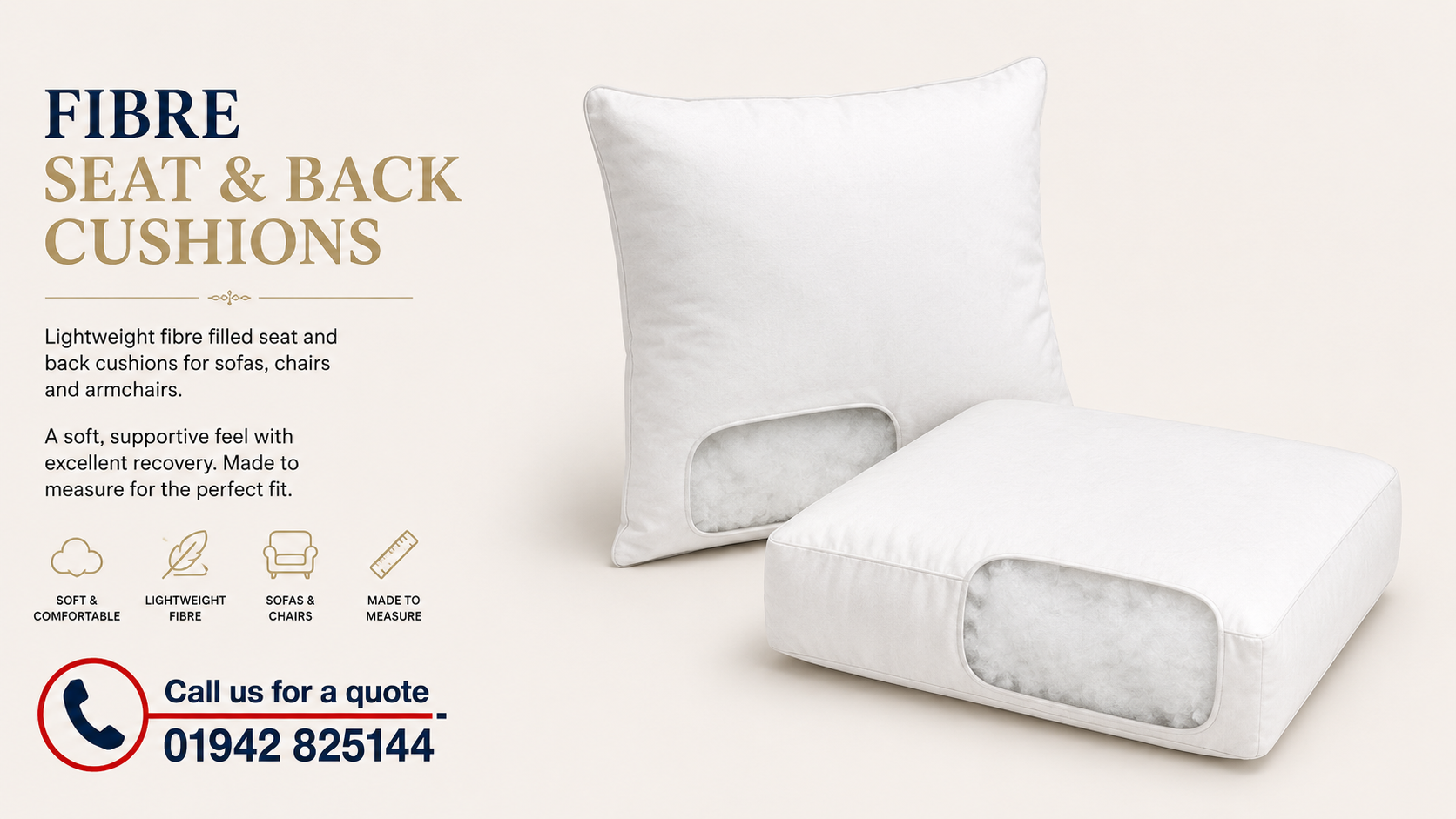 Fibre seat and back cushions for sofas, chairs and armchairs with soft fibre filling