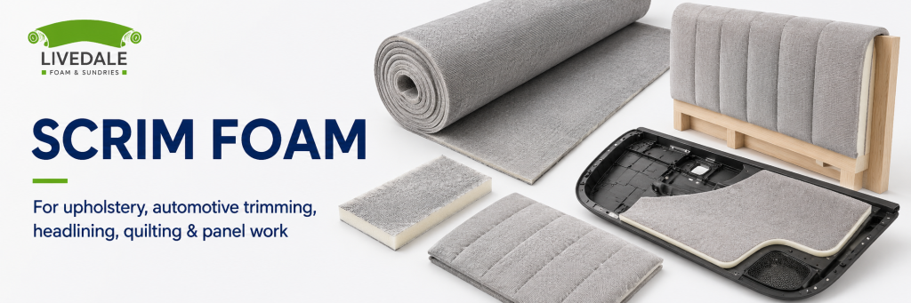 Scrim foam banner showing grey backed foam used for upholstery, automotive trimming, headlining, quilting and panel work