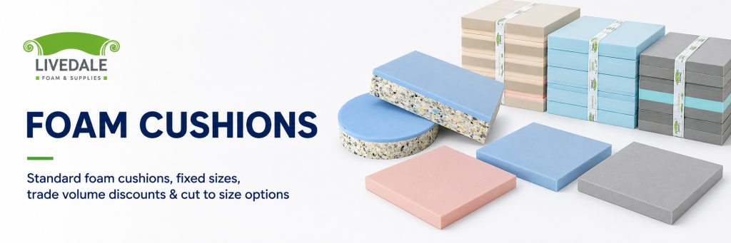 Foam cushions banner showing standard foam cushions, fixed sizes, trade volume discounts and cut to size options