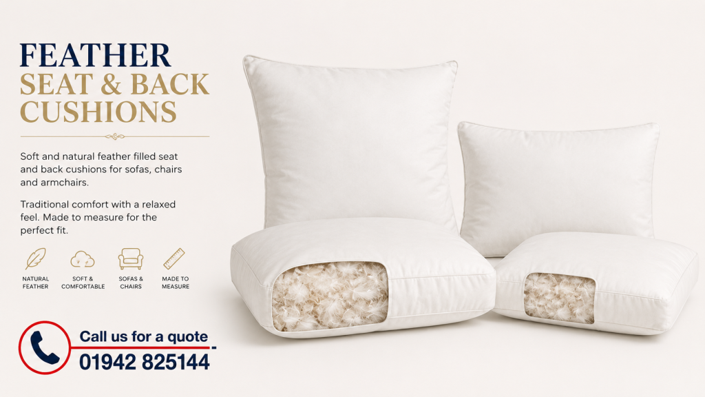 Feather seat and back cushions for sofas, chairs and armchairs with traditional soft filling