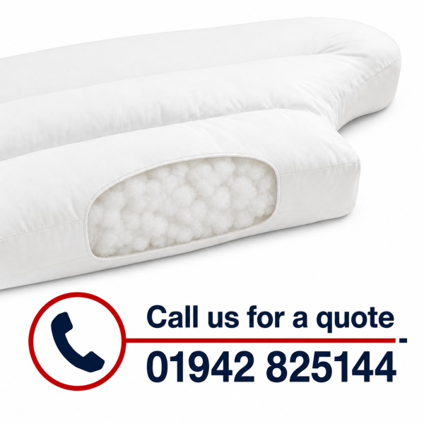 Replacement fibre back cushion with cutaway showing soft fibre filling and call for quote details