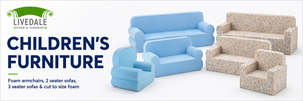 Children’s foam furniture banner showing foam armchairs, 2 seater sofas, 3 seater sofas and cut to size foam