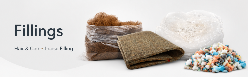 Upholstery fillings including hair and coir loose fibre feather filling and foam crumb for cushions and furniture
