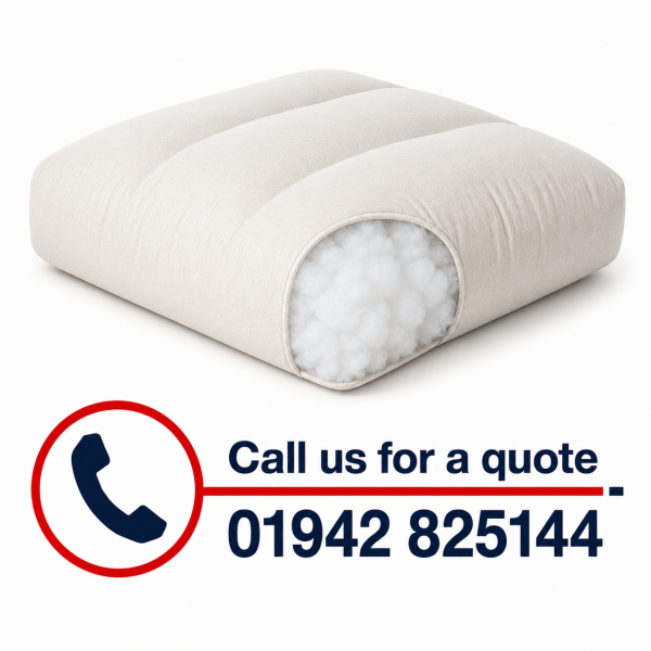 Replacement fibre seat cushion with cutaway showing soft fibre filling and call for quote details