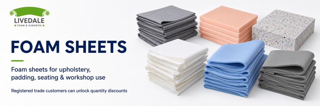Foam sheets banner showing upholstery foam sheets in grey, blue, white, peach and reconstituted foam for trade workshop use