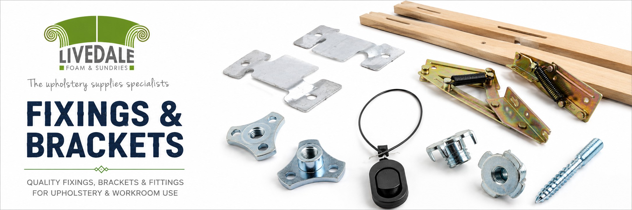 Fixings and brackets for upholstery workrooms, including headboard struts, metal brackets, hinge mechanisms, T nuts, D nuts and threaded fixings