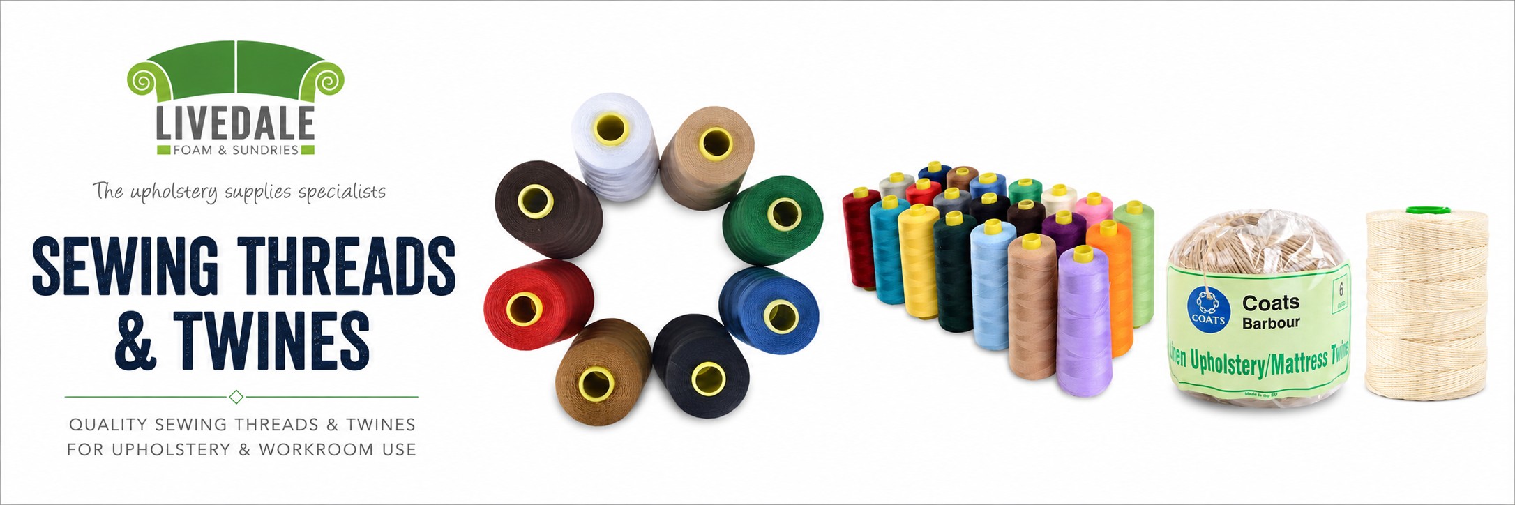 Sewing threads and twines for upholstery workrooms, including coloured upholstery thread, linen twine, mattress cord and heavy duty sewing thread