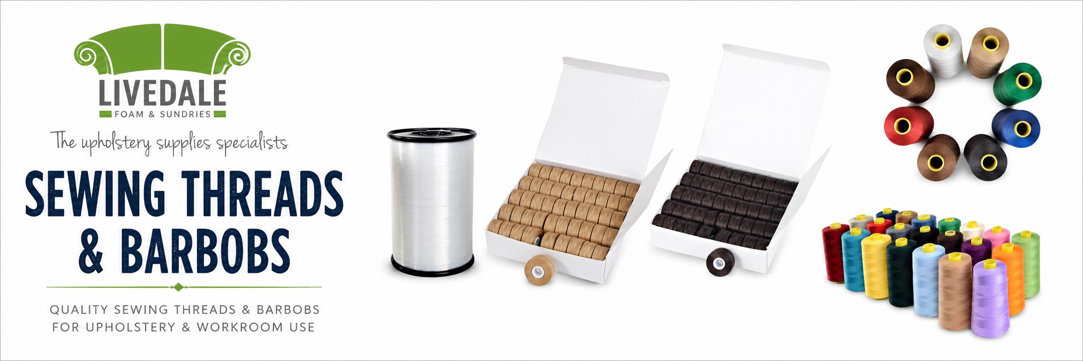 Sewing threads and barbobs for upholstery workrooms, including coloured thread cones, monofilament thread and pre-wound upholstery bobbins