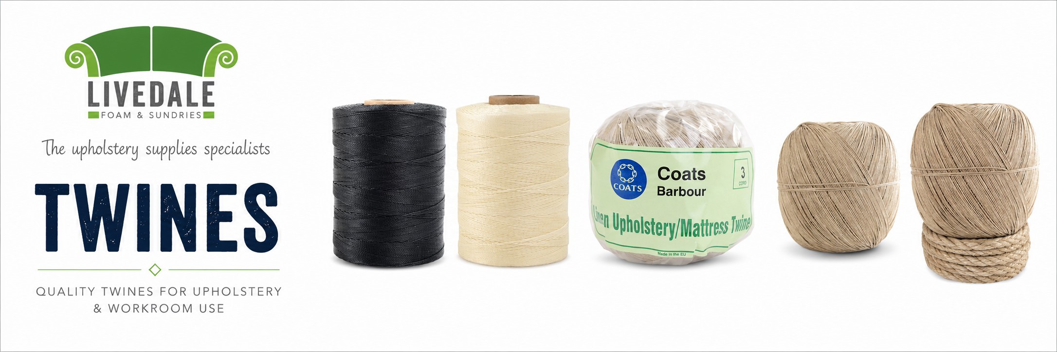 Twines for upholstery workrooms, including linen upholstery twine, mattress twine, laycord, black twine and natural jute-style cord