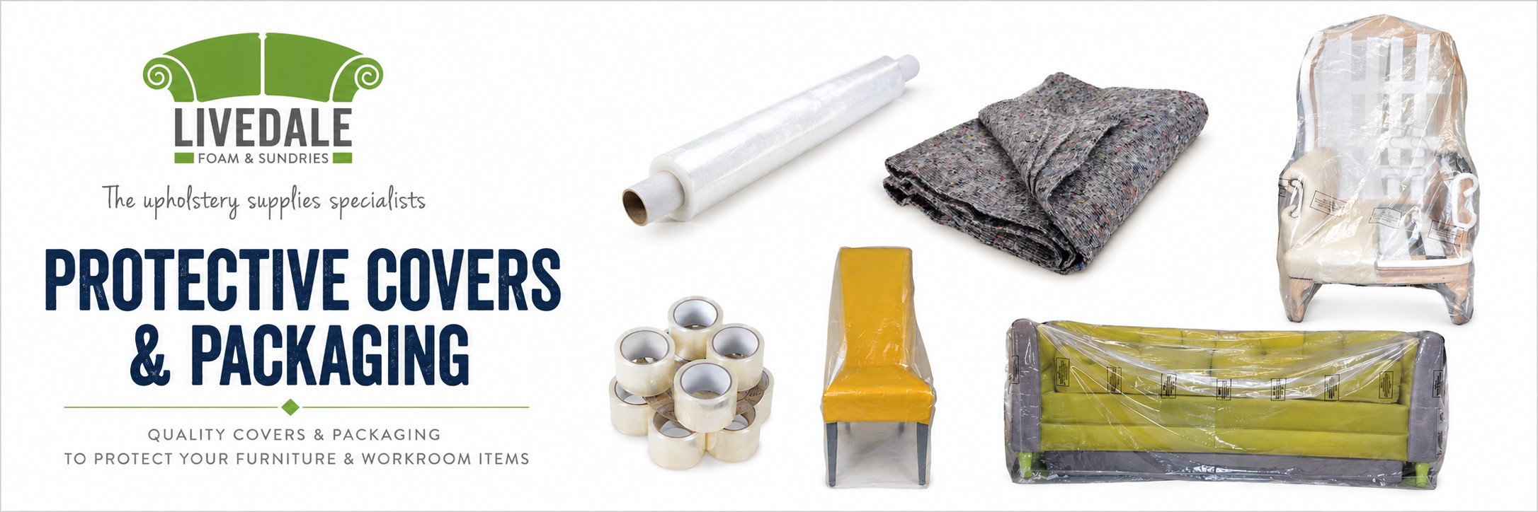 Protective covers and packaging for upholstery workrooms, including stretch film, furniture blankets, packaging tape and plastic furniture protection covers
