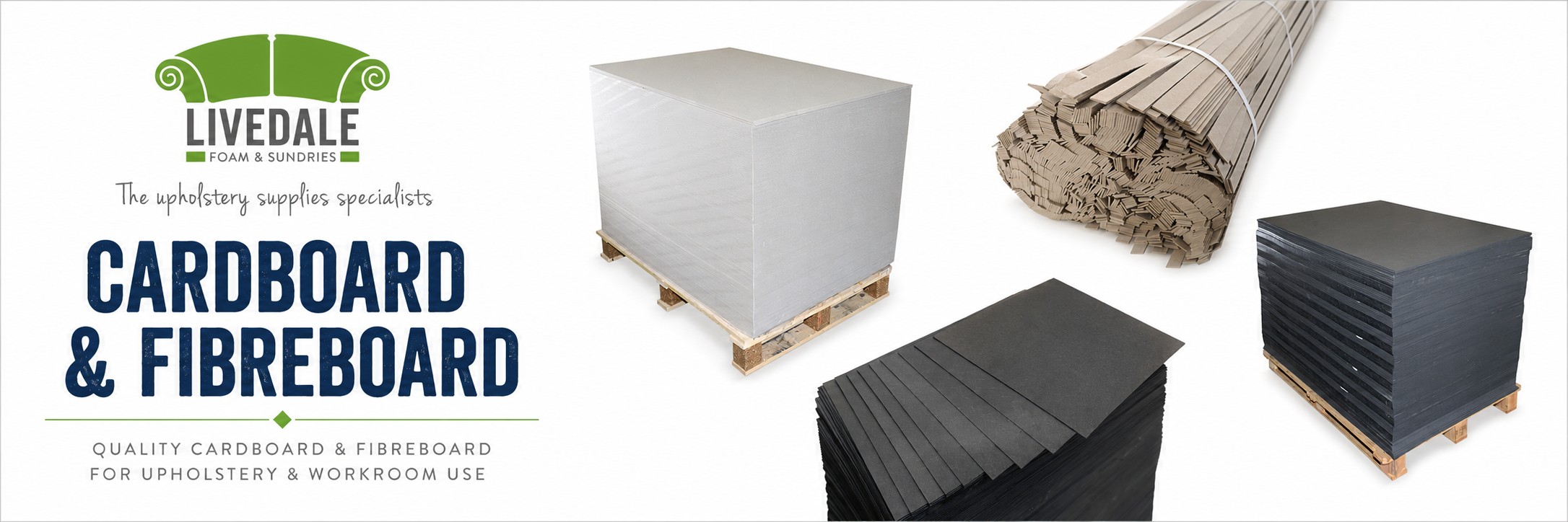 Livedale Cardboard and Fibreboard category banner showing upholstery cardboard sheets, fibreboard sheets and cardboard edge strips for upholstery and workroom use