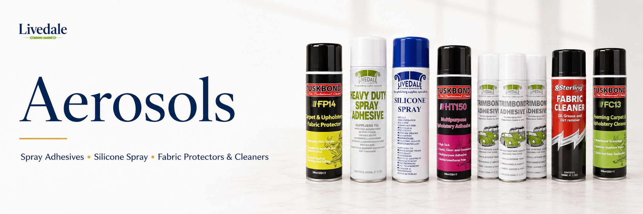 Aerosols for upholstery workrooms, including spray adhesives, silicone spray, fabric protector and upholstery cleaner products