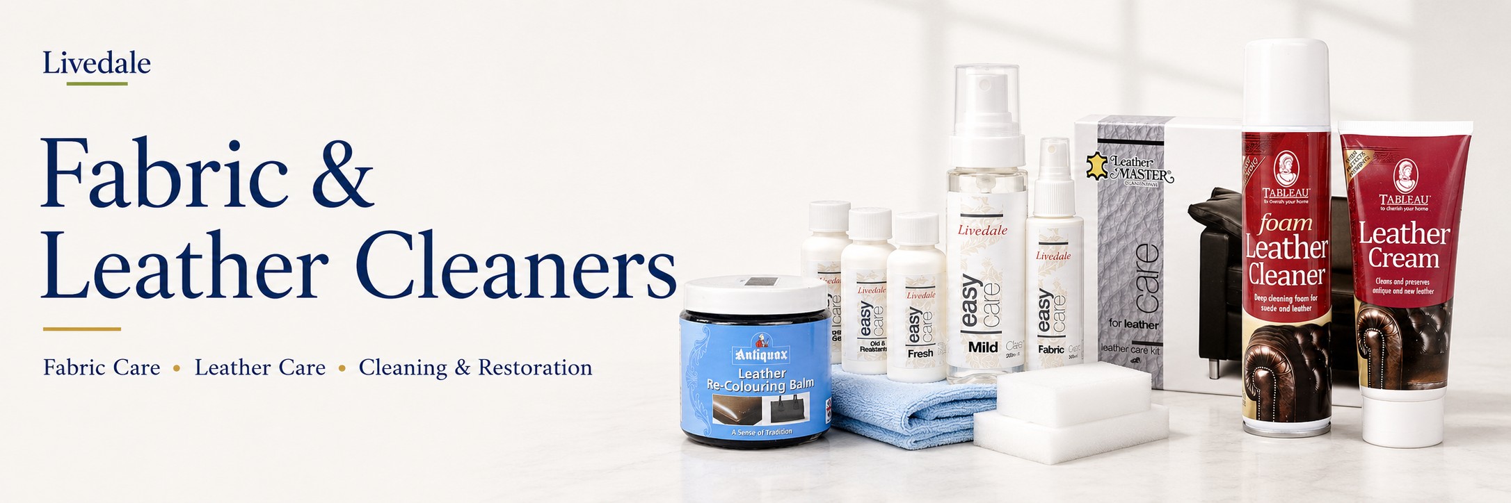 Fabric and leather cleaners for upholstery workrooms, including leather recolouring balm, leather care kits, fabric care products, foam leather cleaner and leather cream