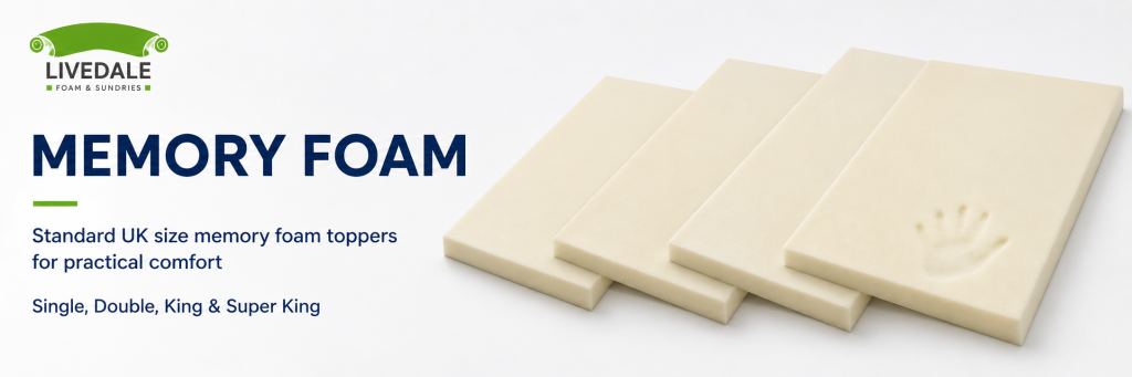 Memory foam banner showing standard UK size memory foam toppers in single, double, king and super king sizes