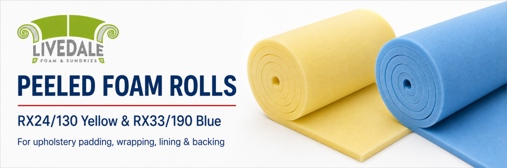 Peeled foam rolls banner showing RX24/130 yellow and RX33/190 blue foam rolls for upholstery padding, wrapping, lining and backing