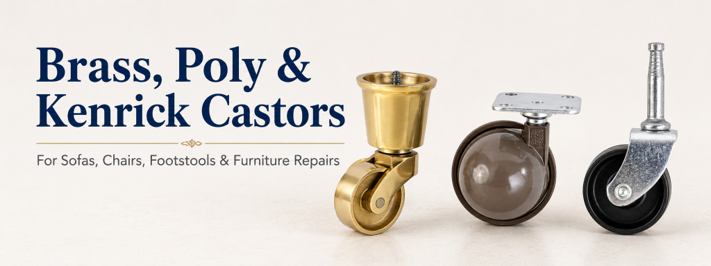 Brass, poly and Kenrick furniture castors for sofas, chairs, footstools and furniture repairs