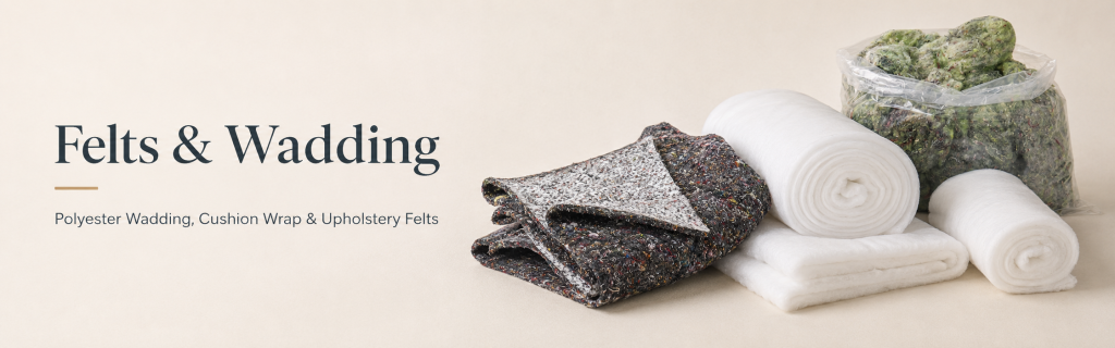 Felts and wadding banner showing polyester wadding rolls, cushion wrap, upholstery felt and loose filling