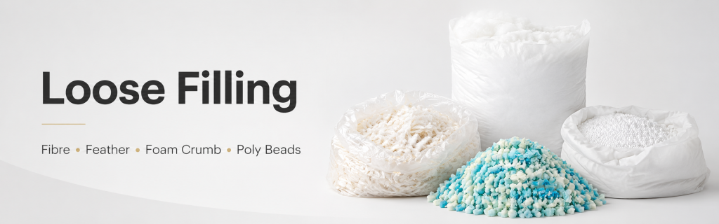 Loose cushion filling materials including fibre feather foam crumb and poly beads for upholstery and soft furnishings
