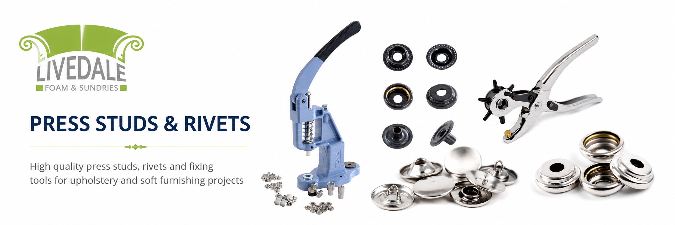 Livedale Press Studs and Rivets banner showing press studs, rivets, fixing tools and fitting equipment