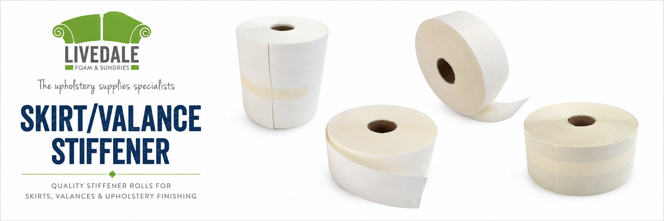 Skirt and valance stiffener rolls for upholstery workrooms, including white stiffener tape rolls for furniture skirts, valances and finishing work