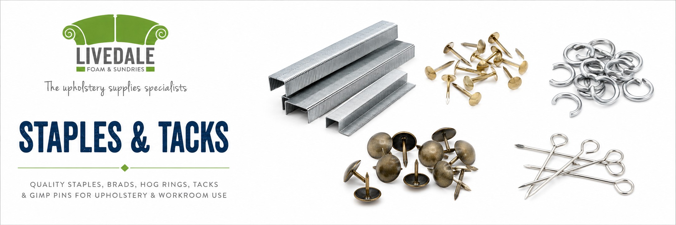 Staples and tacks for upholstery, including upholstery staples, loose tacks, decorative nails and fixing supplies for furniture work