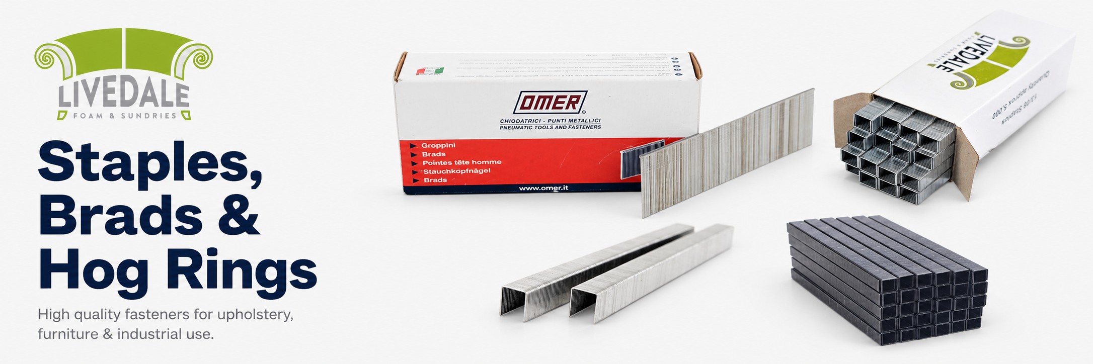 Staples, brads and hog rings for upholstery and furniture work, including boxed staples, brad nails and staple fasteners