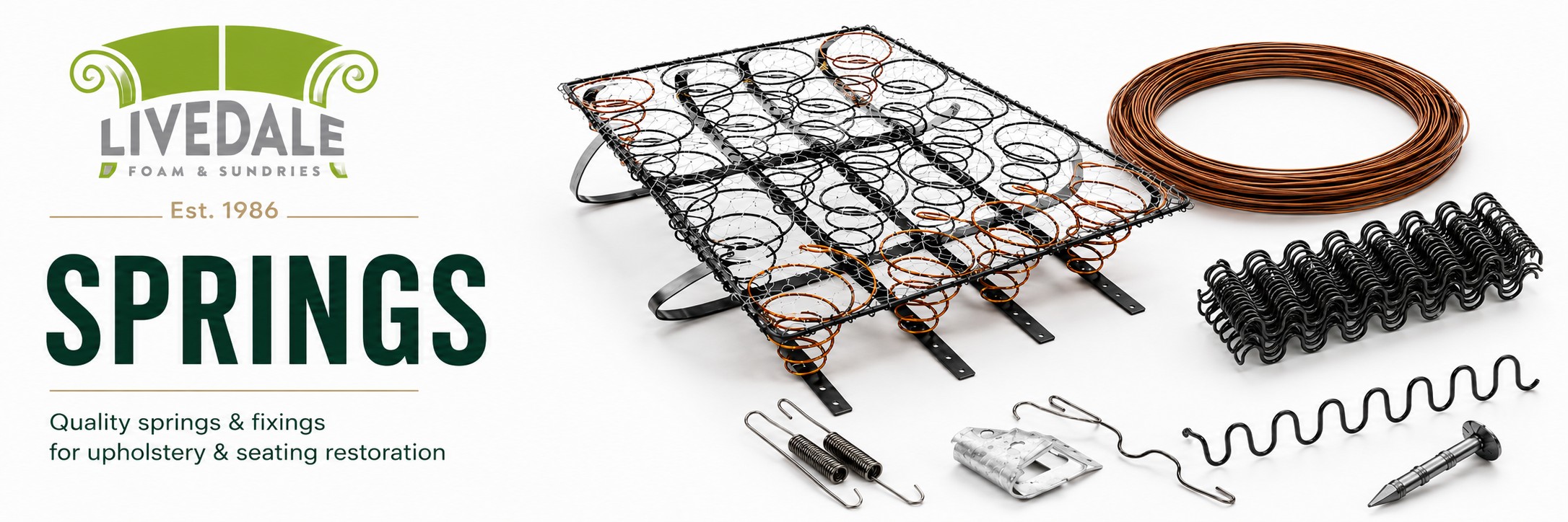 Livedale springs banner showing upholstery spring units, zigzag springs, coil springs and fixing components