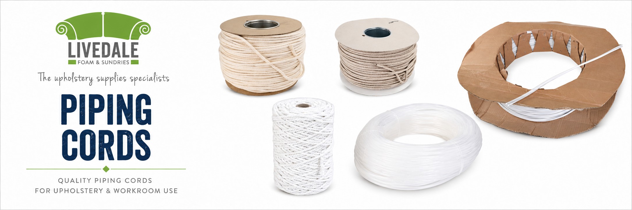 Piping cords for upholstery and workroom use, including paper piping cord, cotton piping cord, plastic piping cord and upholstery cord reels