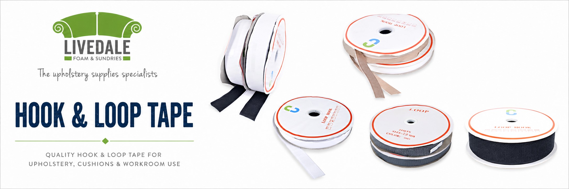 Hook and loop tape for upholstery and workroom use, including black, white, beige and grey hook and loop rolls for cushions, covers and furniture fastening