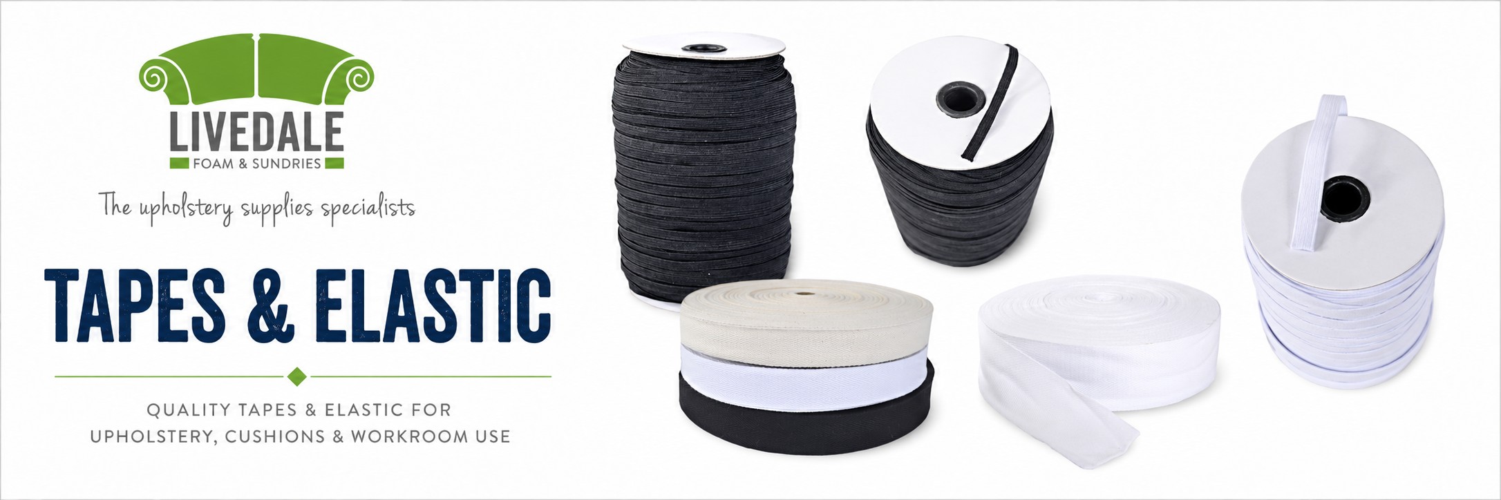 Tapes and elastic for upholstery and workroom use, including black elastic, white elastic, webbing tape and upholstery tape rolls