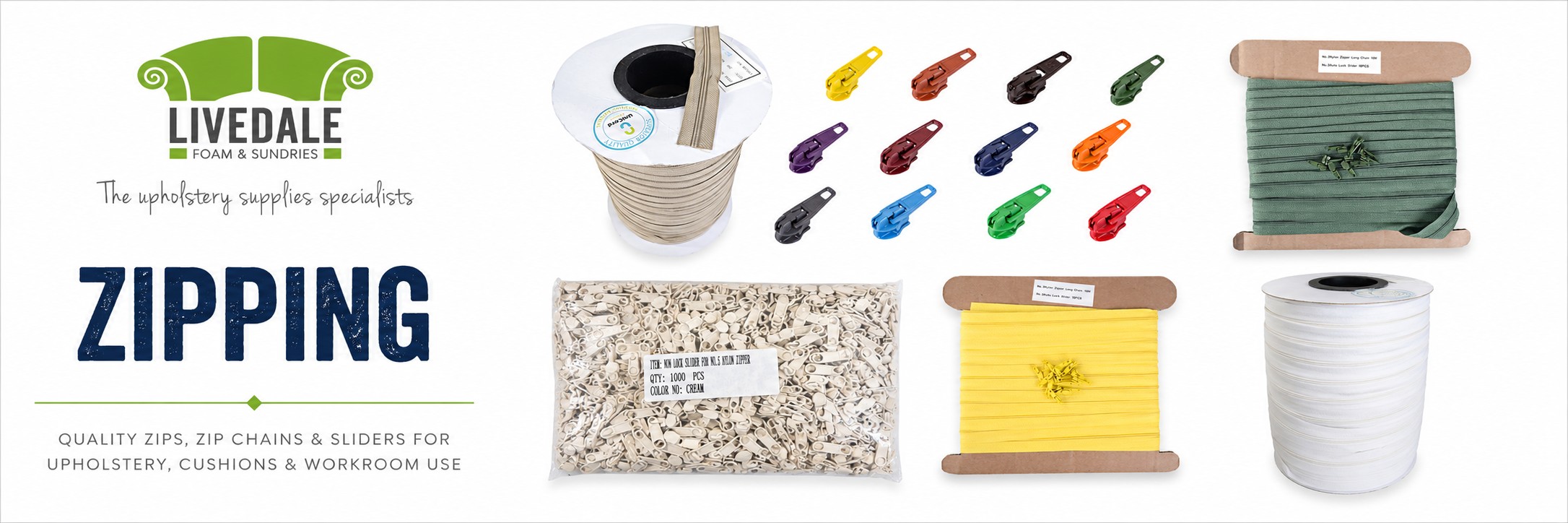 Zip chain, zip sliders and zipper components for upholstery, cushions, loose covers and professional workroom use.