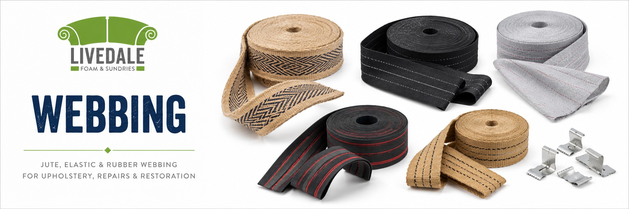 Livedale webbing category banner showing representative upholstery webbing products and accessories on a clean white background.