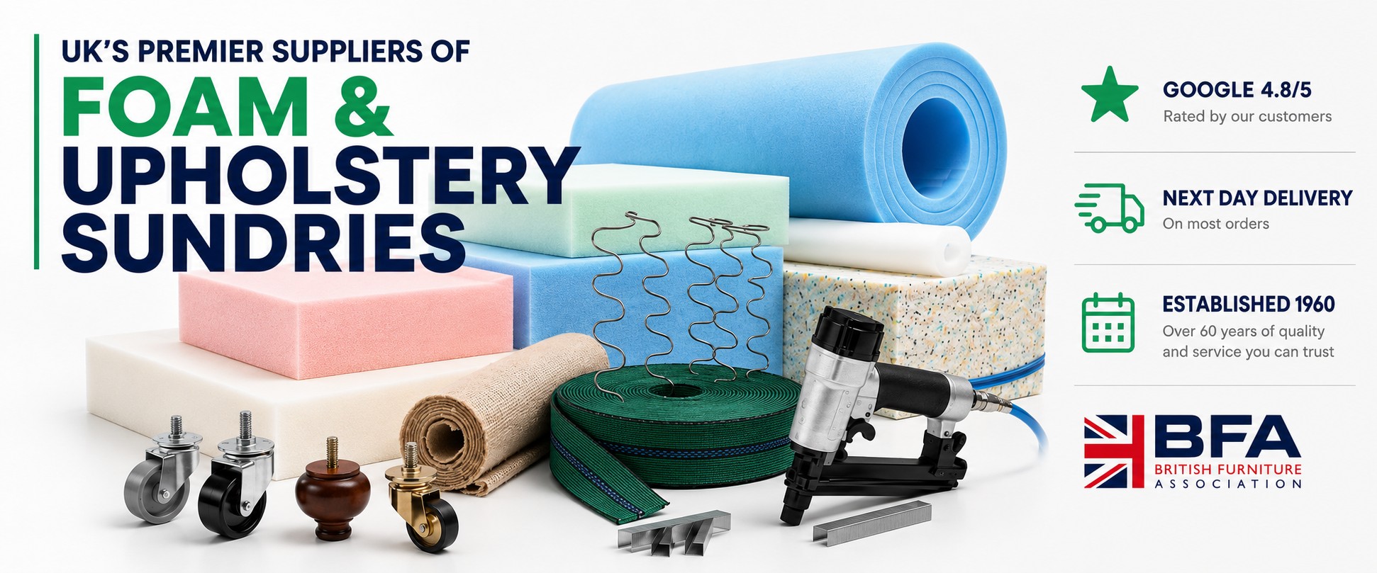 Livedale foam and upholstery sundries banner with foam products, webbing, springs, castors, staple gun and customer trust signals