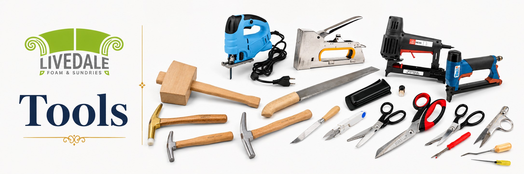 Livedale Tools banner showing upholstery tools including hammers, cutting tools, staple guns, scissors and hand tools on a white background