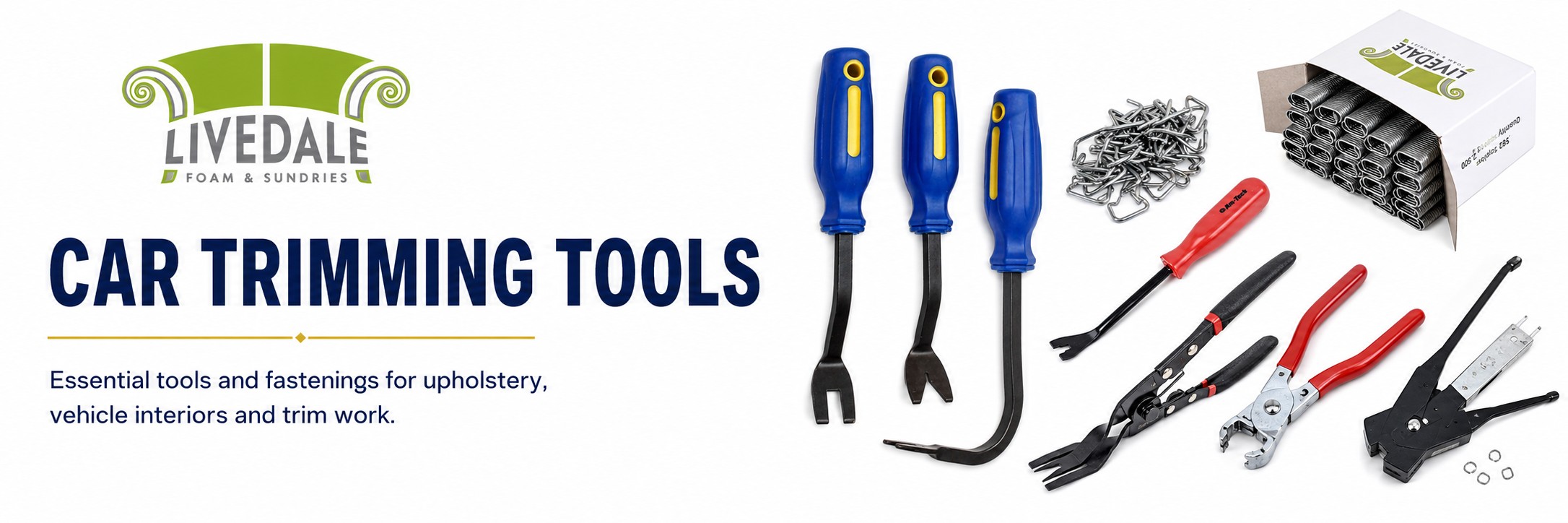 Livedale Car Trimming Tools banner showing trim removal tools, hog rings, pliers and fixing tools for vehicle upholstery