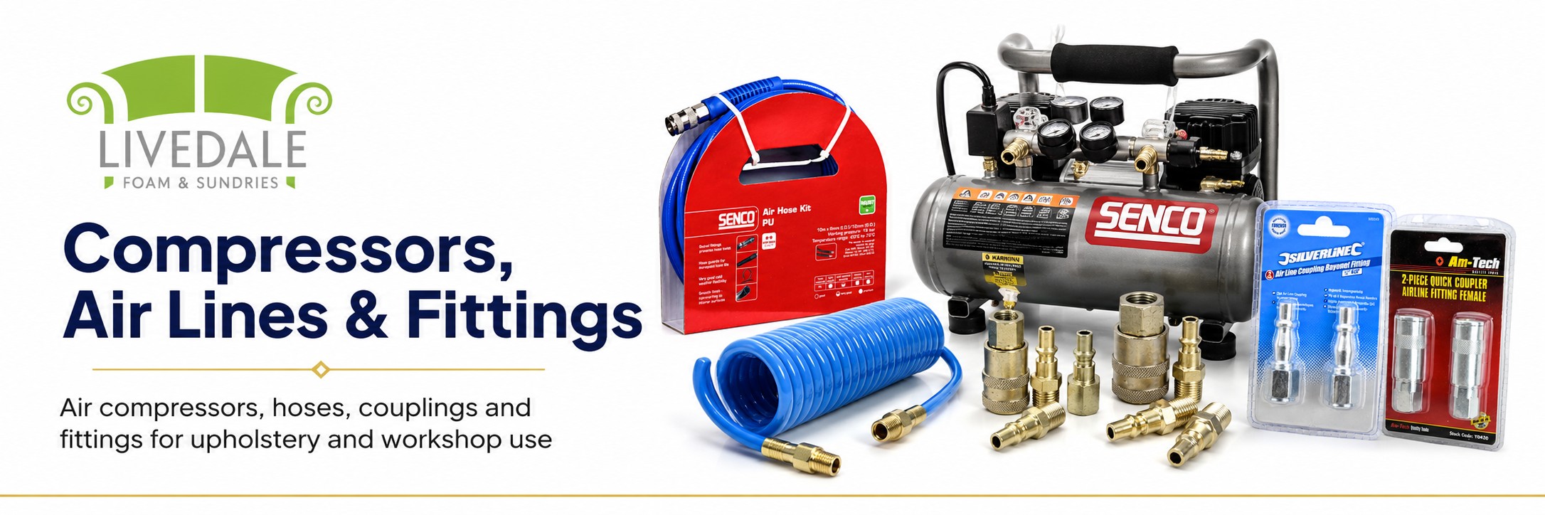 Livedale Compressors, Air Lines and Fittings banner showing air compressor, air hose, couplings and airline fittings