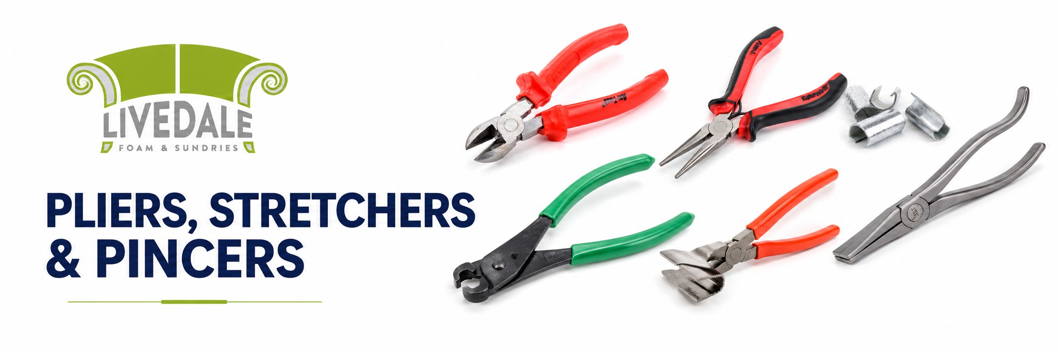 Livedale Pliers, Stretchers and Pincers banner showing upholstery pliers, webbing stretchers, pincers and specialist hand tools on a white background