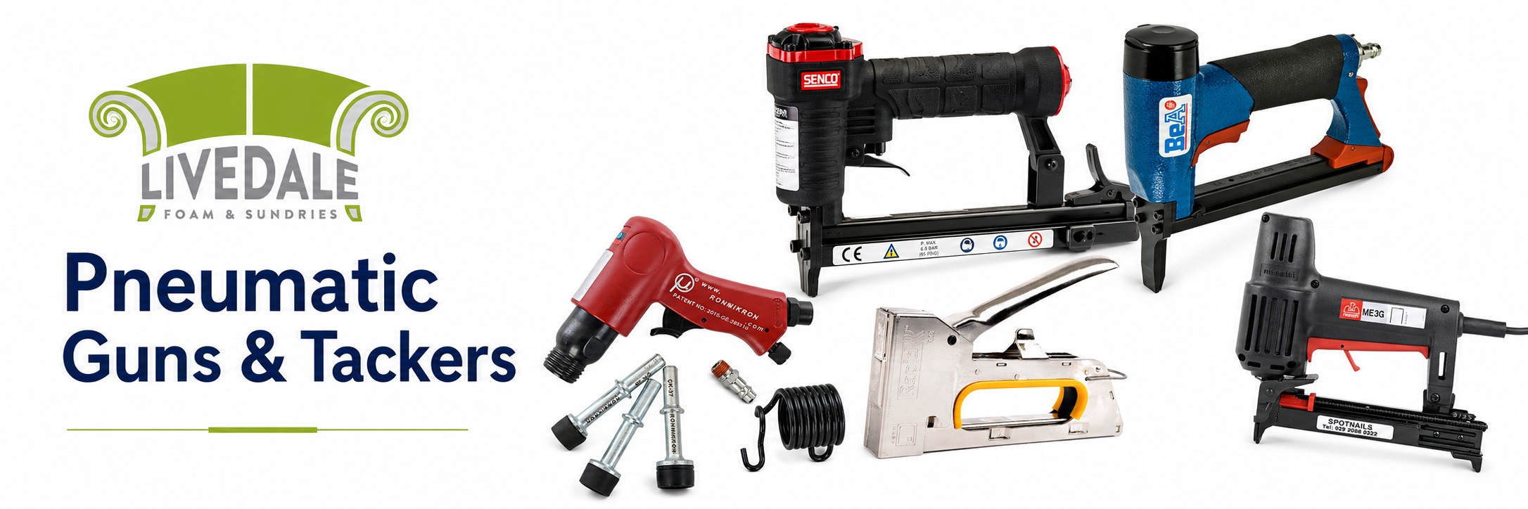 Livedale Pneumatic Guns and Tackers banner showing air staple guns, pneumatic tackers and upholstery fixing tools on a white background