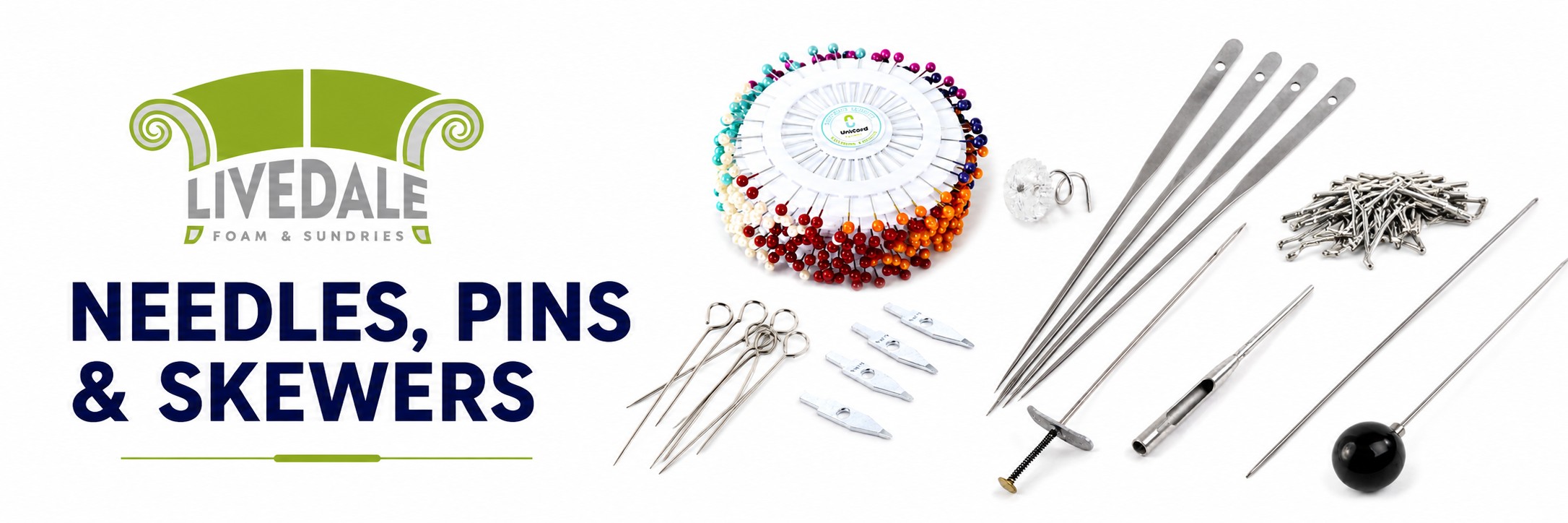 Livedale Needles, Pins and Skewers banner showing upholstery needles, pins, skewers, regulator tools and fixing pins on a white background