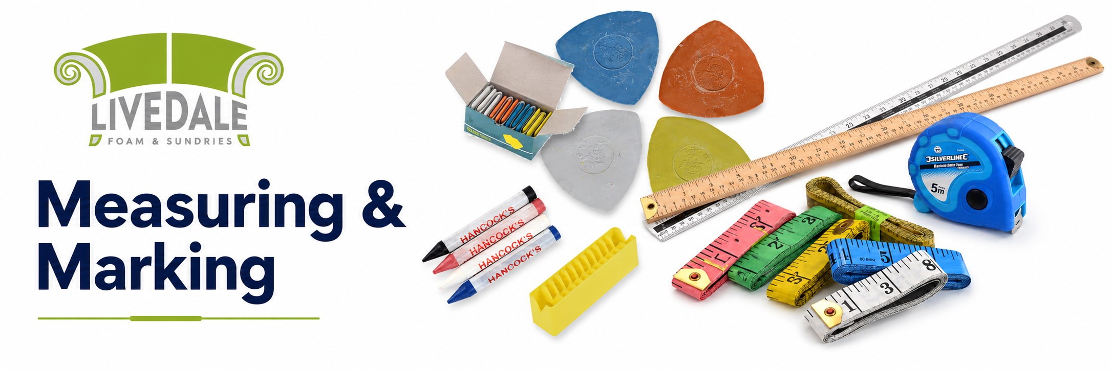 Livedale Measuring and Marking banner showing tape measures, rulers, marking chalk, wax crayons and upholstery marking tools on a white background